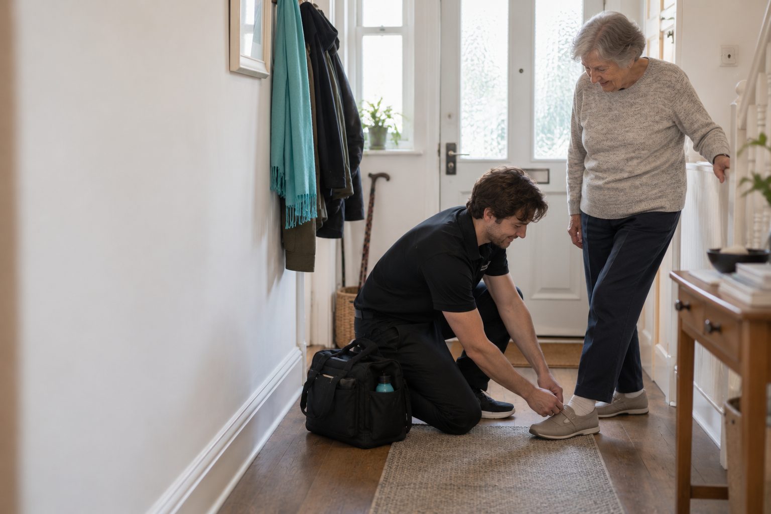 A SMARTPHYSIO physiotherapist arriving for a home visit